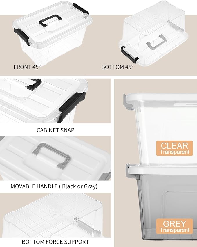 NUMIFUN Plastic Storage Bins With Lids 6 Pack Storage Organizer Bins, 7 Quart Stackable Storage Bins with Lids and Black Handle Buckle Easy for Home Office Organization, White Lids