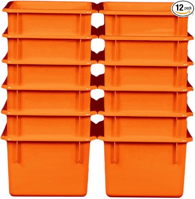 Wood Designs Cubby Storage Bin, Heavy Duty Plastic Containers for Kids Orange Cubby Tray Set of 12