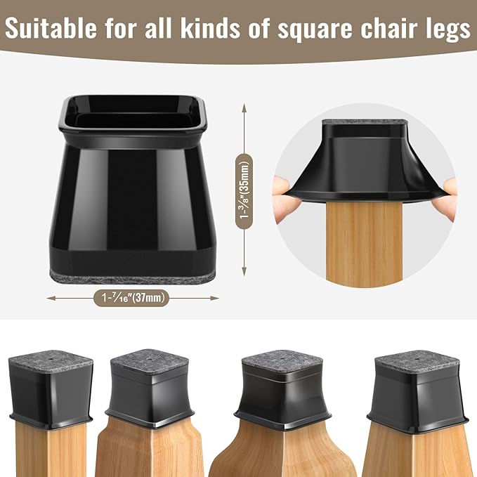 BUMACO Chair Leg Floor Protectors Square Chair Leg Protectors for Hardwood Floors 40Pcs Silicone Covers to Protect Floors Square (Black-L Fit 1-1/16" to 1-5/8")