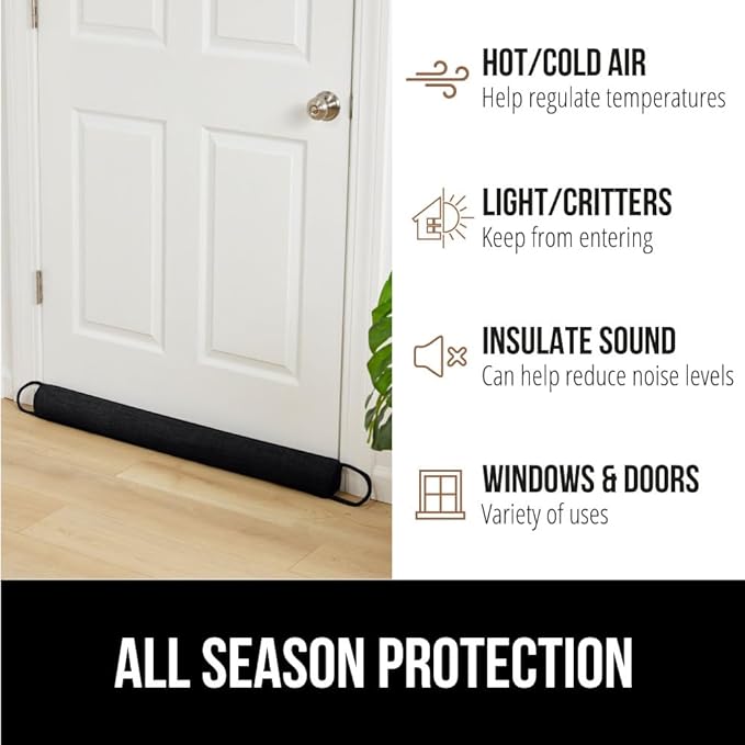 GORILLA GRIP Door Draft Stopper for Bottom of Doors, Weather Stripping Seal Blocks Hot Air, Noise, Bugs, Keeps Cold AC in, Sound Proofing Easy Install Gap Filler, Home Essentials, 34 Inch, Black