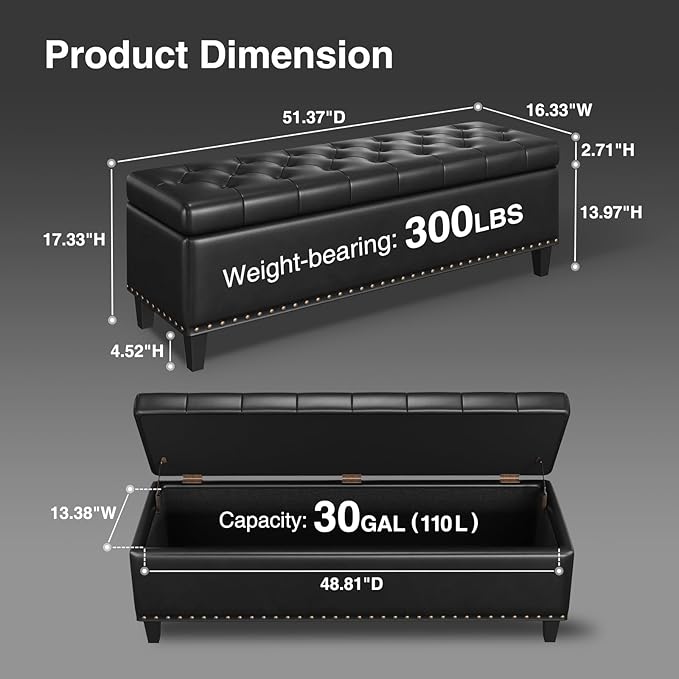Storage Ottoman Bench, 51-Inch Large Storage Bench for Bedroom End of Bed, 30 Gallons Faux Leather Bench with Storage for Bedroom, Living Room, Entryway, Hallway, Black