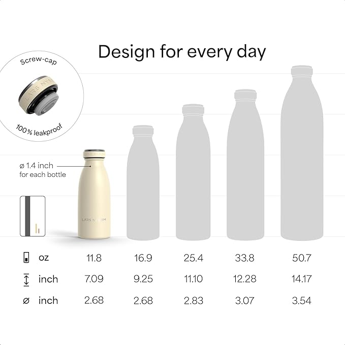 LARS NYSØM Stainless Steel Insulated Water Bottle 12oz 17oz 25oz 34oz 51oz | Insulated Thermo Flask for Hot and Cold Beverages | Leakproof Drinking Bottle (Calypso Blue, 11.9oz)