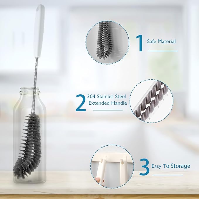 16 inches Long Handle Black Bottle Cleaning Brushes - Perfect for Baby Bottles, Sports Bottles, Glassware, Mugs, Jars, and Stemware (2-pc)