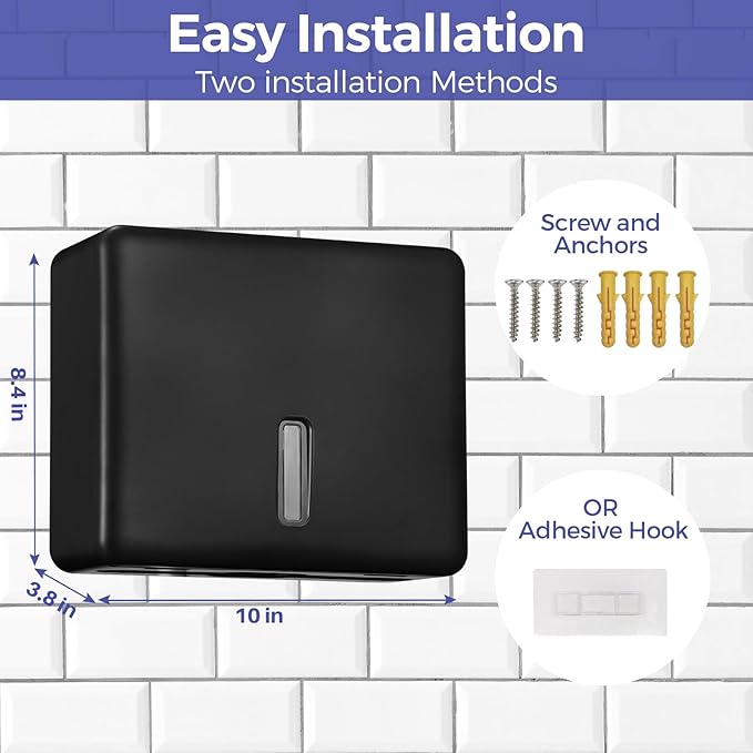 2-Pack Multifold Paper Towel Dispenser Wall Mount (Black) – Large Capacity C-Fold, Trifold, and Folded Commercial Hand Towel Holder for Bathroom & Restroom – Adhesive or Screw Mounted