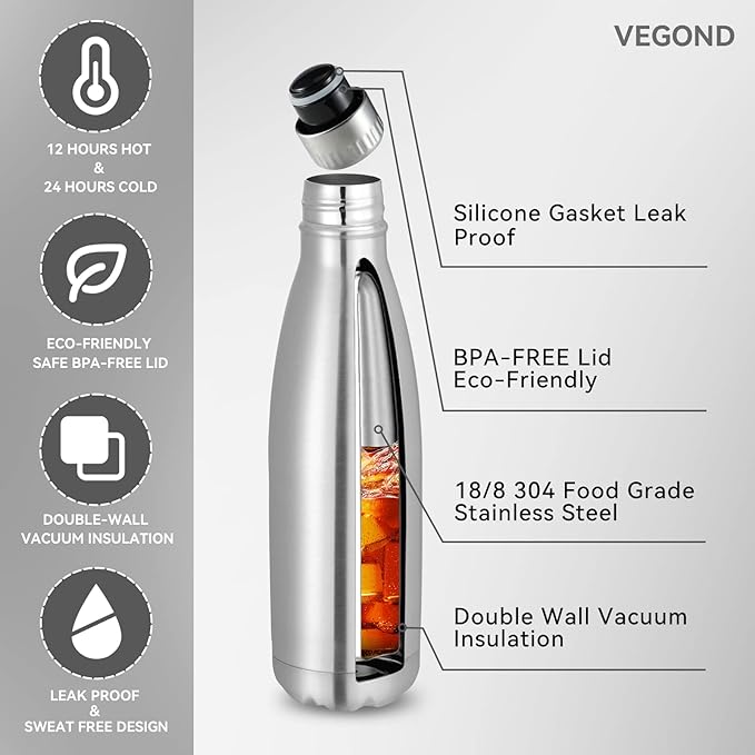VEGOND 17oz Stainless Steel Water Bottles Bulk, Reusable Metal Sports Water Bottle Keeps Drink Hot and Cold, BPA Free Double Wall Vacuum Cola Shape Insulated Water Bottles for Camping Gym, 8 Pack