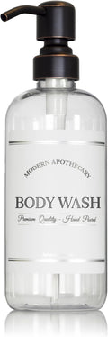 Refillable Clear PET Plastic 16 oz Body Wash Bottle with Oil Rubbed Bronze Pump Dispenser - Chrome Accent Waterproof Labeled Bottle