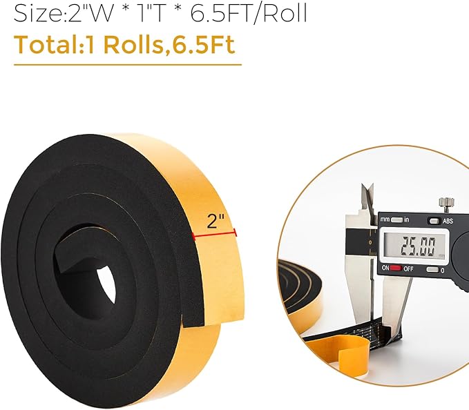 6.5 Feet Weather Stripping Door Seal, 2" Wide X 1" Thick Door Seal Strip High Density Foam Tape Adhesive Strip for Door Soundproofing,Window Insulation (2" x 1" x 6.5FT,Black)