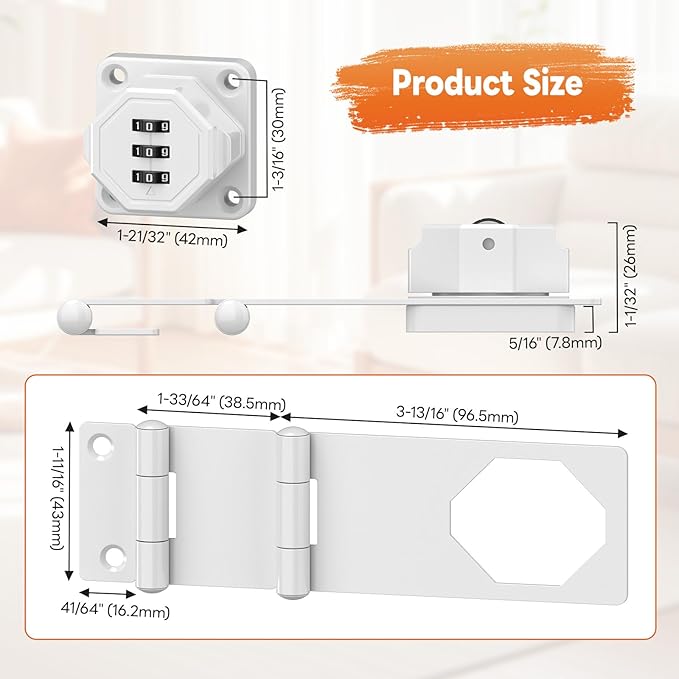 90 Degree 3-Digit Combination Cabinet Lock, Zinc Alloy Keyless Folding Hasp Lock Latch, Password Security Rotary Door Latch for Office File Cabinet, Drawer, Locker, Cupboard (1, White)