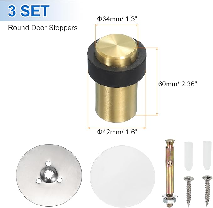 PATIKIL 3Set Round Door Stoppers, 60mm Stainless Steel Door Stop Doorstop Wedge Metal Cylinder Self Adhesive with Screw for Bottom of Door Floor Inside, Gray