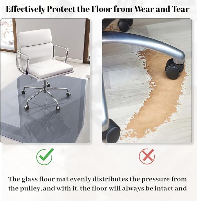 [Tempered Glass] 46" x 55" Glass Chair Mat, Heavy Duty Hard Tempered Glass Mat with Round Corner and Polished Edge, Transparent Glass Office Chair Mat for Office and Home Hard Floor or Carpeted, Grey