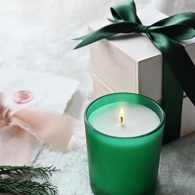 SHOWIN 14 OZ Thick Candle Jars for Making Candles 12 Pcs, 3 Wick Empty Jars with Wood Lids for Candle Making, Sample Container, Frosted Green