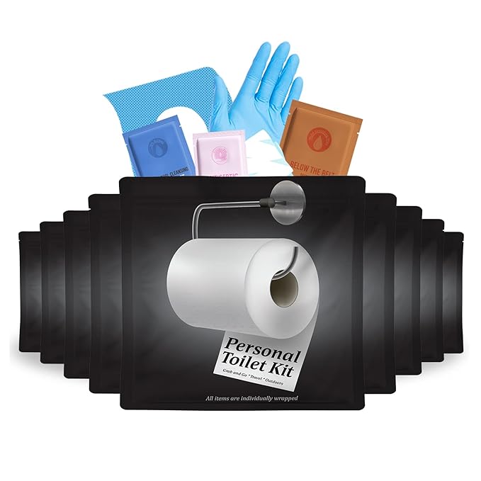 Personal Toilet Kit To Go – 10 Pack | Disposable Public Restroom Kit | Individually Wrapped for Toilet Protection Kit | Toilet Paper, Toilet Seat Cover, Butt Wipes, Cleansing Wipes (Black Toilet)
