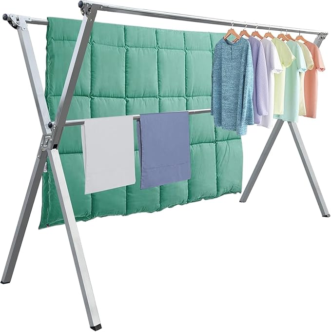 Clothes Drying Racks 81.5-83 Inches Folding Outdoor Indoor Drying Rack Clothing Collapsible Foldable Laundry Drying Rack Heavy Duty Stainless Steel Clothesline 20 Hooks 12 Clips (83'')