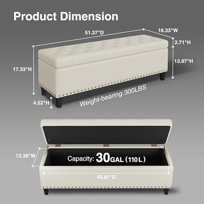 Storage Ottoman Bench, 51-Inch Large Storage Bench for Bedroom End of Bed, 30 Gallons Faux Leather Bench for Bedroom, Living Room, Entryway, Hallway, Cream White