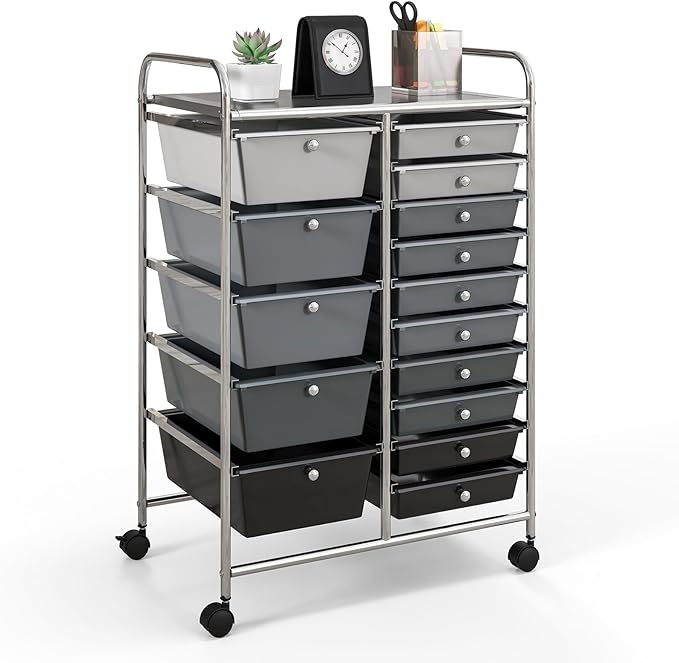 GOFLAME 15-Drawer Rolling Storage Cart, Multipurpose Movable Organizer Cart, Utility Cart for Home, Office, School, Gray Gradient