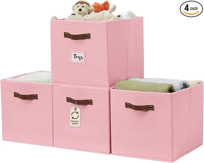 DECOMOMO Storage Baskets, 13x15x13 Storage Cube Bins with Labels for Organizing Shelves Kallax (Kallax / 4pcs, Pink)