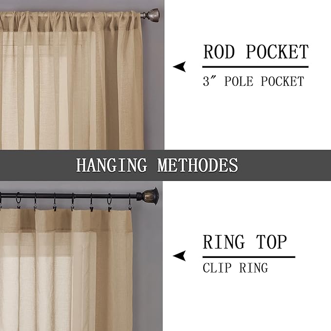 Tollpiz Sheer Curtains Linen Textured Bedroom Curtain Sheers Light Filtering Rod Pocket Voile Curtains for Living Room, 54 x 63 inches Long, Beige, Set of 2 Panels