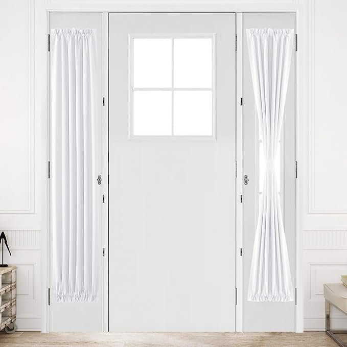 DWCN French Door Curtains – Rod Pocket Thermal Curtain for Window/Patio Doors/Doorways/Classroom/Kitchen for Privacy, 12W by 72L Inches, 1 Panel with Tieback, Pure White