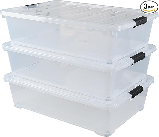 50 Quart Wheeled Latching Storage Box, Stackable Bin with Latch Lid, Plastic Container to Organize Shoes Underbed (3 Pack)