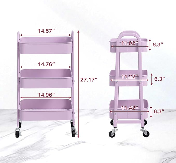 AGTEK Makeup Cart, Movable Rolling Organizer Cart, 3 Tier Metal Utility Cart with Lockable Wheels for Home & Office, Purple