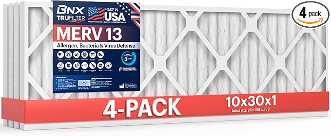 BNX TruFilter 10x30x1 Air Filter MERV 13 (4-Pack) - MADE IN USA - Electrostatic Pleated Air Conditioner HVAC AC Furnace Filters for Allergies, Pollen, Mold, Bacteria, Smoke, Allergen, MPR 1900 FPR 10