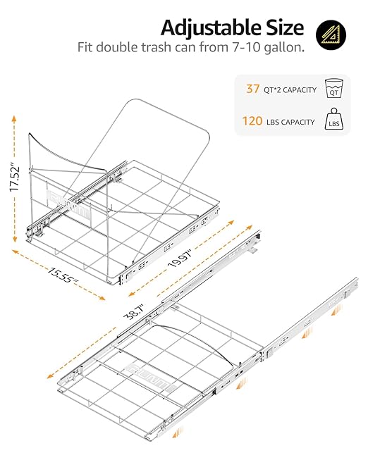 Double 37 Quart Pull Out Trash Can Under Cabinet, Under Sink Trash Rack, 70 Liter Total Capacity, Cabinet Trash Pull Out Kit, Trash Bin Not Included