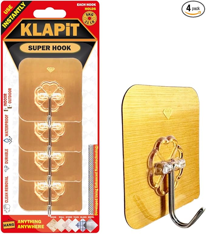 KLAPiT Super Hook - Heavy-Duty Adhesive Gold Wall Hooks, Holds Up to 11 lbs, Waterproof, No Damage, Easy Install on Tile, Wood, Stone, Glass & Metal - Made of Steel (Gold, 4pc)