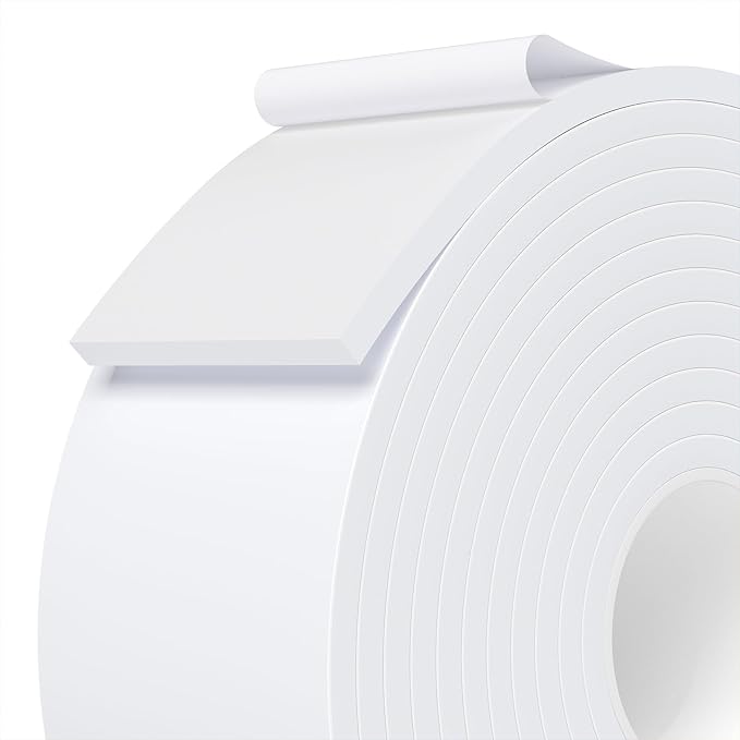 Weather Stripping Door Seal White,2Inch Wide X 1/4 Inch Thick,Air Conditioner Window Seal,Self Adhesive Foam Tape High Density Foam Sealing Strip,Soundproof Foam Tape Roll,Total 16.4 Feet Long