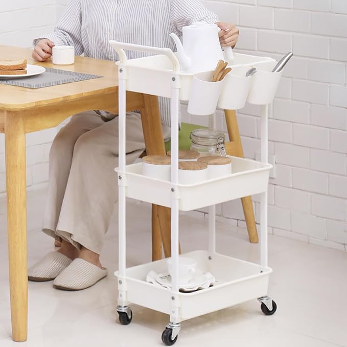 3-Tier Utility Rolling Cart,Mobile Utility Cart with Lockable Caster Wheels,Storage Shelves Organizer Cart, 3 Hanging Baskets, Easy Assembly,for Bathroom, Kitchen, Office, Workshop