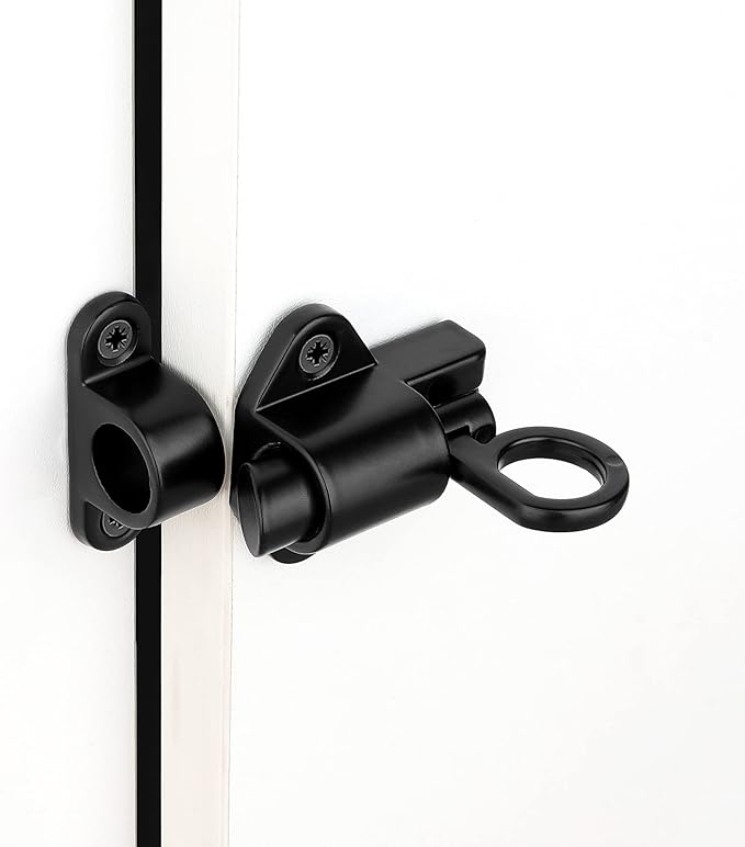 5 Packs Self-Closing Latches，Black Spring Door Lock，Resilient Bolt Latch Aluminum Alloy Safety Automatic Spring Barrel Slide Door Lock with Screws,Used for Gate,Window and Cabinet etc
