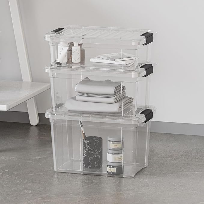 Superio Clear Storage Bins with Lids, Stackable Deep Storage Boxes with Latches and Handles, Extra Small, 4 Pack, Deep Containers for Home, Garage, and Kitchen