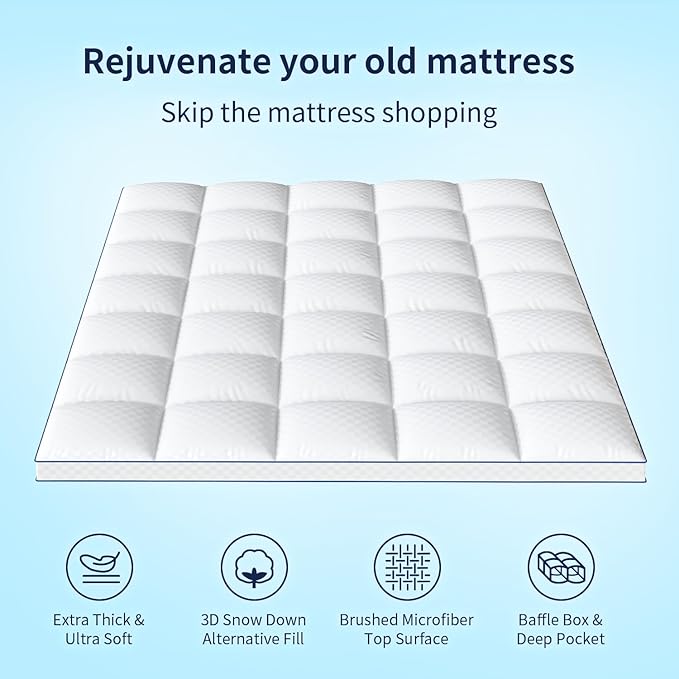 Mattress Topper Twin Extra Thick Mattress Pad Cover for Back Pain Cooling Mattress Protector with 8-21 Inch Deep Pocket Overfilled Down Alternative Filling White
