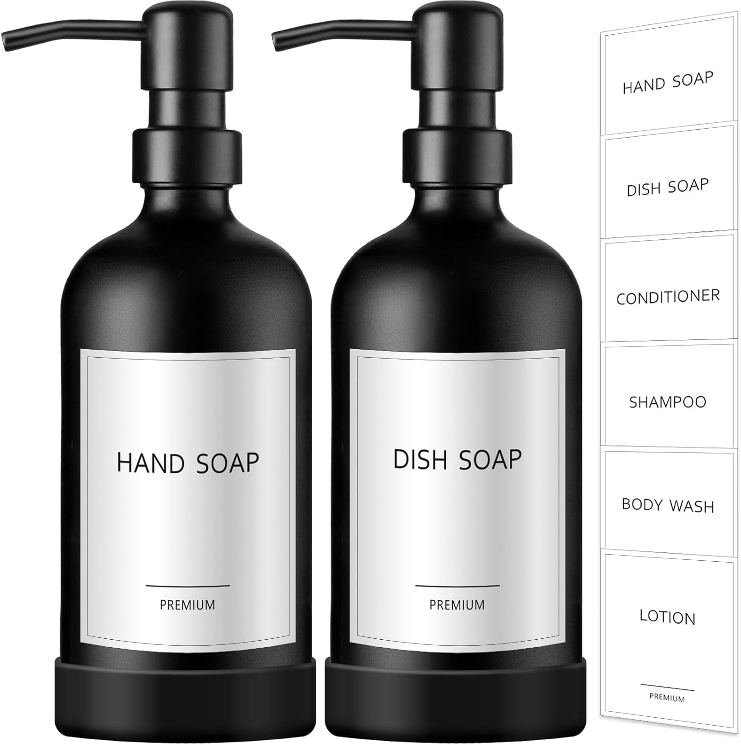 GMISUN Black Soap Dispenser with Silicone Sleeve Boot, 2 Pack Glass Bathroom Hand Soap Dispensers with Stainless Steel Pump, 17 Fl Oz Kitchen Hand and Dish Soap Dispenser Set, Liquid Dispensers Bottle