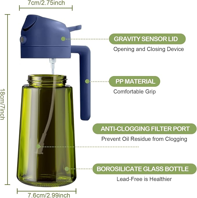 YARRAMATE 2Pcs 16oz/470ml Dark Green Oil Sprayer for Cooking with Stickers, Food-grade Premium 2 in 1 Olive Oil Dispenser Bottle for Kitchen Gadgets, Air Fryer, Salad, Frying, BBQ (Black&Navy)