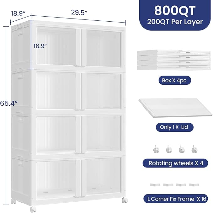 800Qt Stackable Storage Bins with Lid and Wheels, 200Gal Plastic Closet Organizer and Storage Drawer, Large Collapsible Storages Box Cabinet with Clear Door for Home Kitchen, 4Pack White