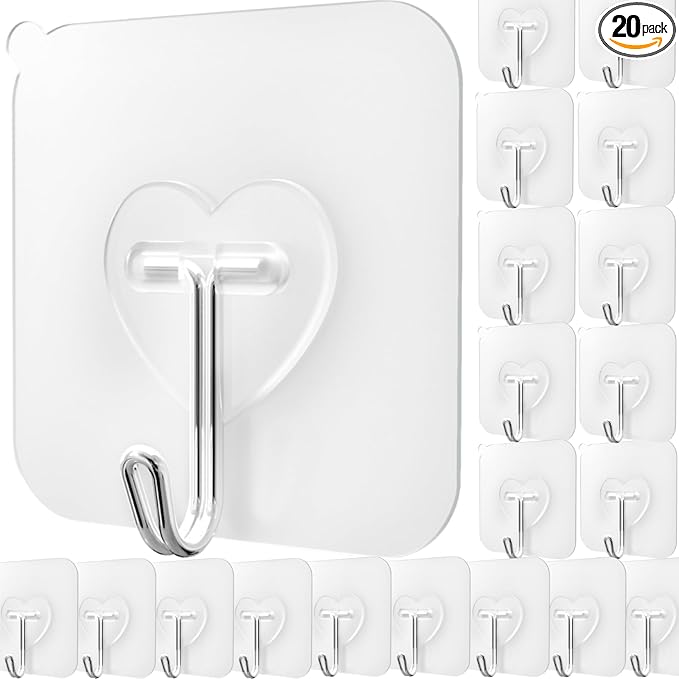 DGYB 20 Pcs Clear Adhesive Hooks for Hanging 22lb Self Adhesive Wall Hooks Heavy Duty Waterproof Transparent Sticky Hooks for Shower Home Bathroom Kitchen Office