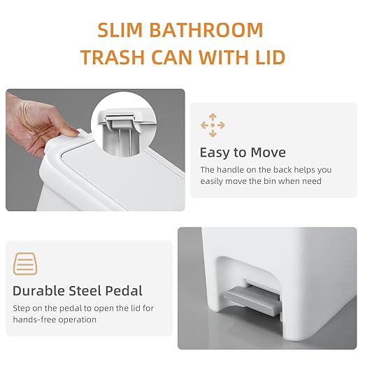 MOPALL Trash Can with Lid, Garbage Can with Press Top & Foot Pedal, Kitchen Step Trash Can, Slim Trash Bin Plastic Garbage Bin Waste Basket for Bathroom|Kitchen|Bedroom|Living Room|Office, 4.4 Gallon