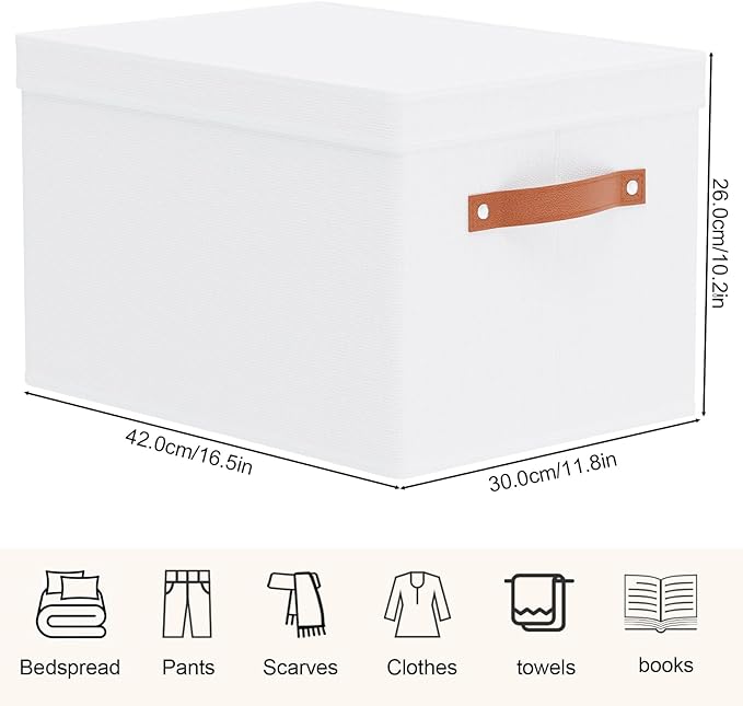Fabric Storage Bins, Clothes Boxes for Shelves with Lids, 1 Pack Baskets for Organizing with Handles, Decorative Linen Closet Organizers, White, 16.5 x 11.8 x 10.2 Inch