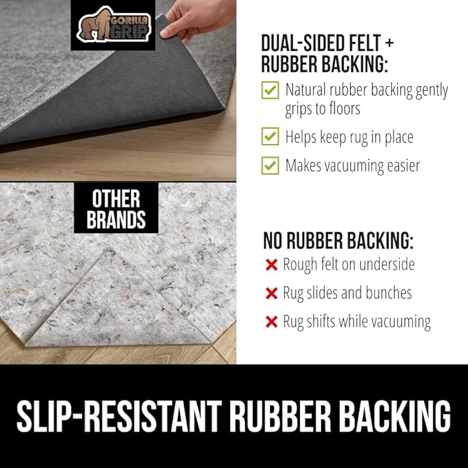 GORILLA GRIP Felt and Natural Rubber Stay in Place Slip Resistant Rug Pad, 1/8in Thick, 2x8 FT Protective Padding Under Area Rugs, Cushioned Gripper Pads, Carpet Runners, Hardwood Floors Protection