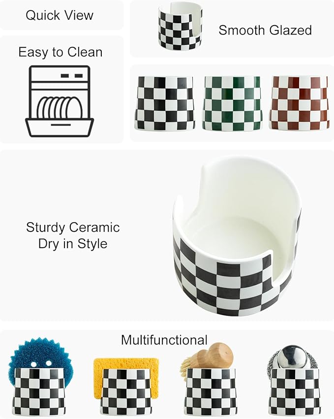 Checkered Kitchen Sink Sponge Holder, Dish Sponge Rack Ceramic Brush Holder Farmhouse Kitchen Dish Rack for Brush, Scrubbers, Bathroom, Sink, Black and White