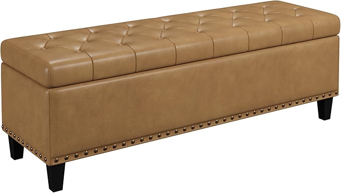 Storage Ottoman Bench, 51-Inch Large Storage Bench for Bedroom End of Bed, 30 Gallons Faux Leather Ottoman for Bedroom, Living Room, Entryway, Hallway, Camel