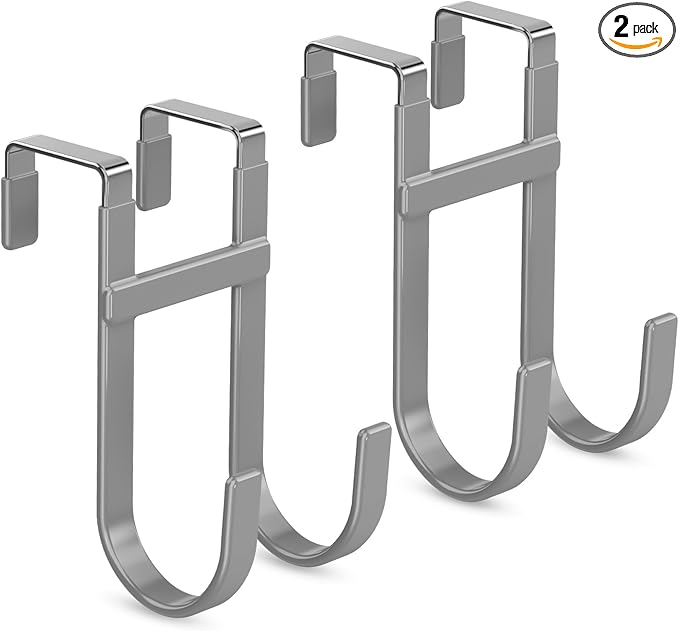 FYY Over The Door Hooks - 2 Pack Heavy Duty Dual-Hook Organizer Hanger with Non-Slip Rubber for Towels, Clothes, Hats & Bags Use in Bathroom, Bedroom, Kitchen - Fits Interior Doors Up to 1 3/8" Grey