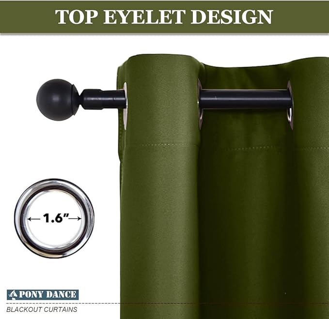 PONY DANCE Bedroom Curtains Blackout - Thermal Drapes Heavy Duty Light Blocking Shandes Grommet Top Window Treatments Cover Noise Reducing, W 42 x L 45 in, Olive Green, 2 PCs