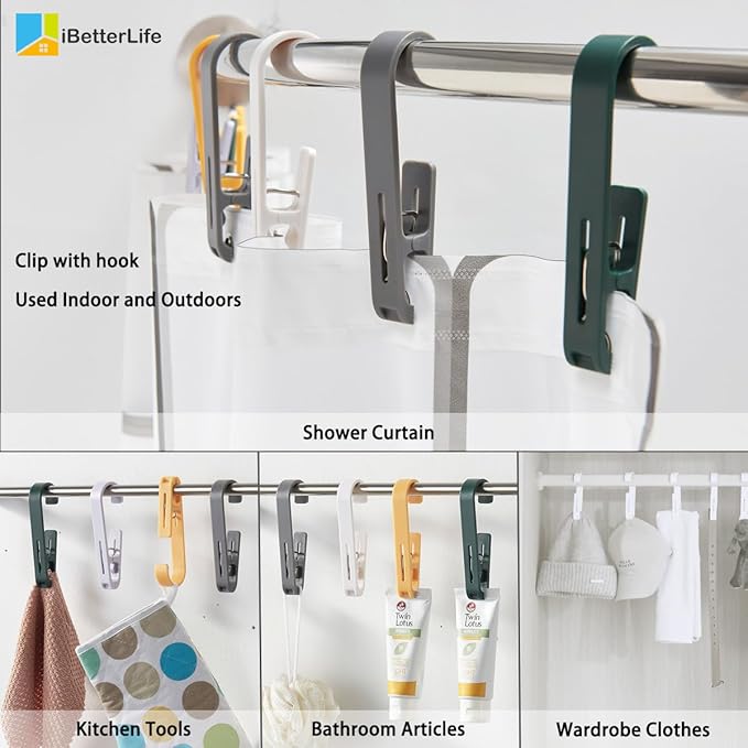 iBetterLife 4Pcs Laundry Hooks Clips Hanger - Laundry Clips with Hooks Heavy Duty Closet Organizer Clothes Pins Hanging Towel Clamps for Socks, Boot, Bras for Bathroom Wardrobe Kitchen