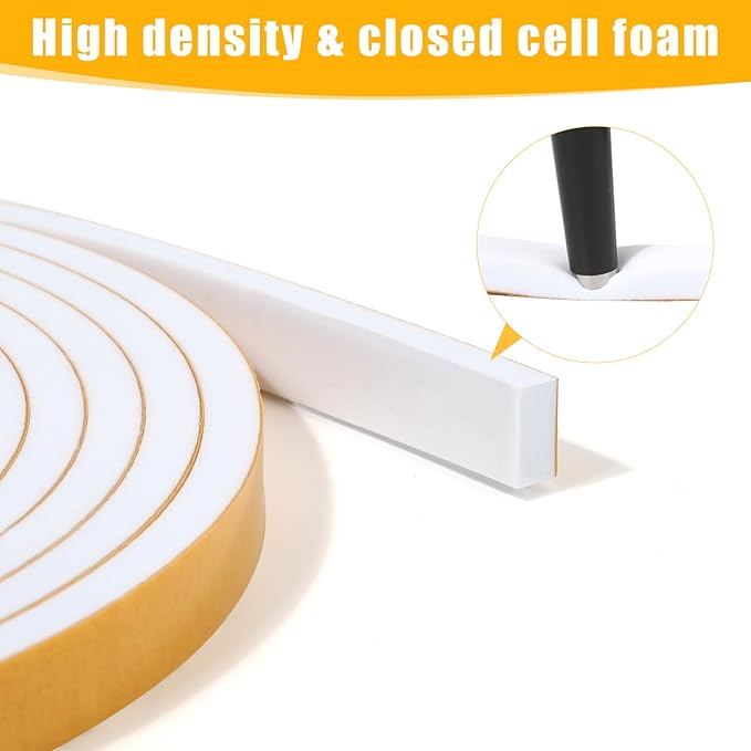 Weather Stripping Seal (1 Inch X 1/2 Inch) for Door Window, 10Feet High Density Foam Tape, Soundproofing, Insulation Strip, Door Sealers for Door Frame- White