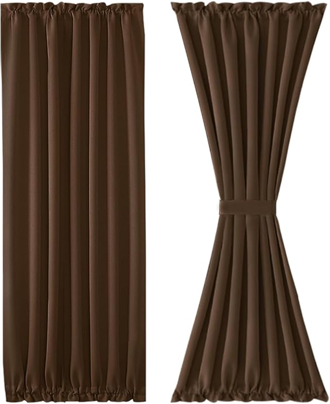 DWCN French Door Curtains – Rod Pocket Thermal Blackout Curtain for Window/Patio Doors/Doorways/Classroom/Kitchen for Privacy, 36W by 80L Inches, 1 Panel with Tieback, Brown