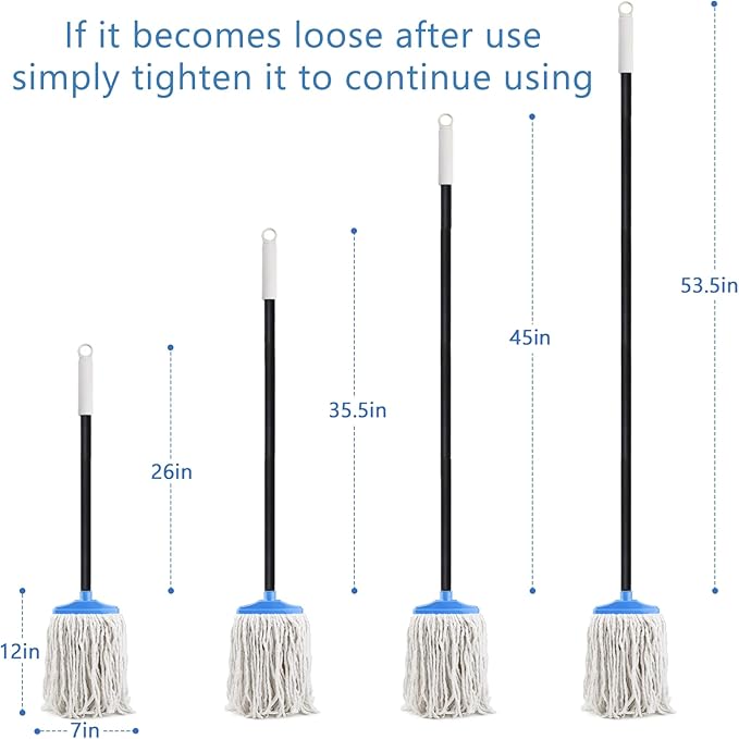 Indoor Cotton Mops for Floor Cleaning - Indoor Cleaning Mop for Wood Floors, Tile, Hardwood Floor, 52" Adjustable Iron Handle Regular Mops to Clean Living Room, Kitchen, and Bathroom. (Blue White