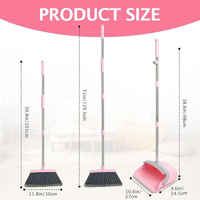Broom and Dustpan Set, Dustpans with Broom Combo for Home, Heavy Dust Broom and Dustpan Combo, Long Handle Dust Pan and Broom Set for Kitchen, Office, Pet Hair(Gray Pink)