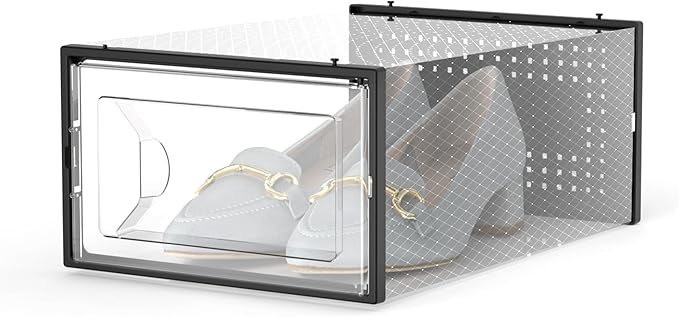 Kuject 15 Pack Shoe Storage Boxes, Clear Plastic Stackable Shoe Organizer for Closet, Connect Left and Right Shoe Boxes Case Container Bin for Entryway, Drop Front, Fit for Size 10(Black)