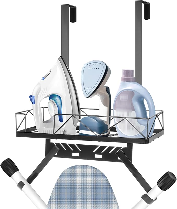Ironing Board Hanger, Metal Over The Door or Wall Mounted Ironing Board Caddy, Ironing Board Storage Shelf with Adjustable Hooks for Laundry Room, Living Room, Bathroom (Matte Black)